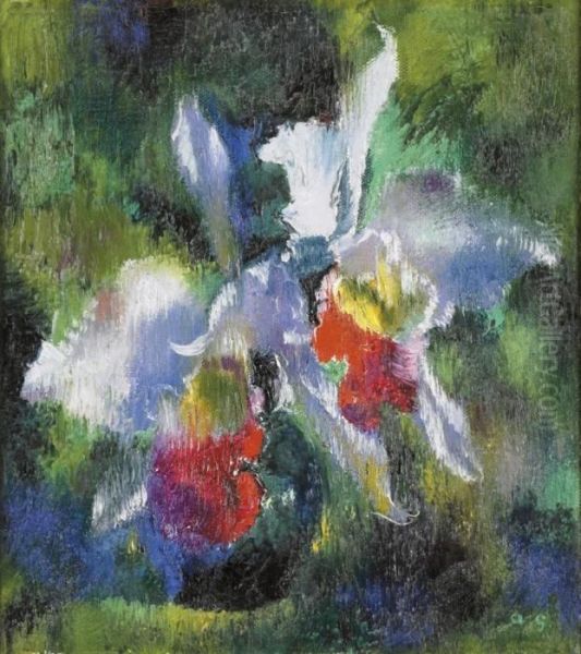 Orchideen Auf Grunem Grund Oil Painting by Augusto Giacometti