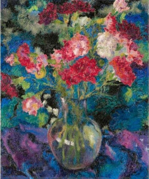 Carnations In A Round Glass Vase In Front Of A Blue Background Oil Painting by Augusto Giacometti