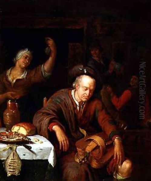 The Hurdy Gurdy Player Asleep in a Tavern Oil Painting by Willem van Mieris