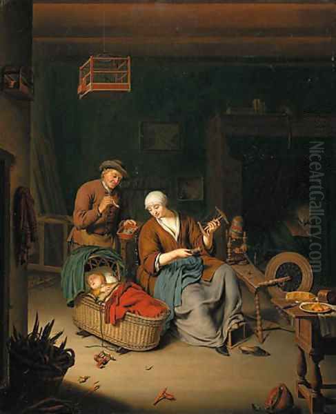 A peasant family in a cottage interior Oil Painting by Willem van Mieris