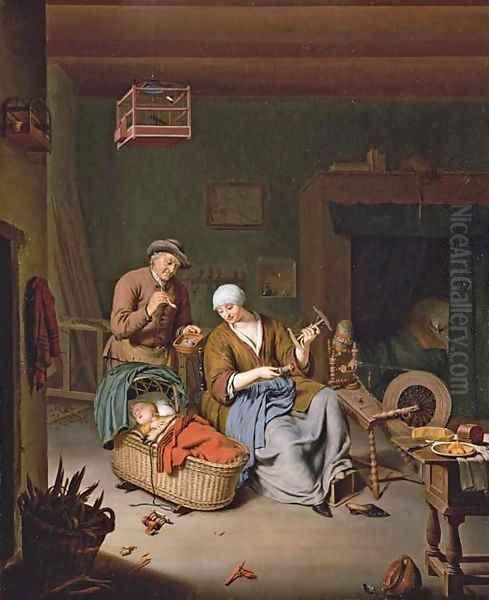 A woman spinning yarn with a baby in a wicker basket and an old man smoking a pipe Oil Painting by Willem van Mieris