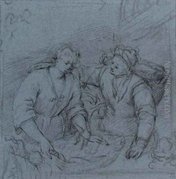 Two figures, half-length, standing at a bench Oil Painting by Willem van Mieris