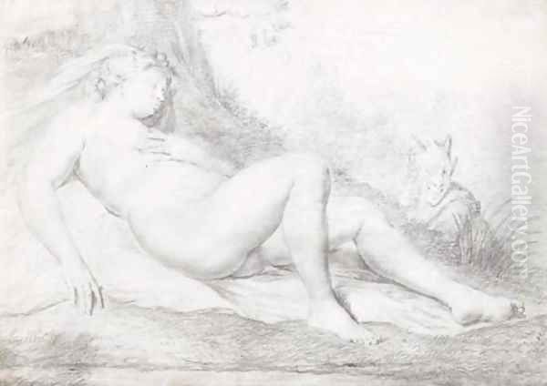 A sleeping nymph watched by a satyr Oil Painting by Willem van Mieris