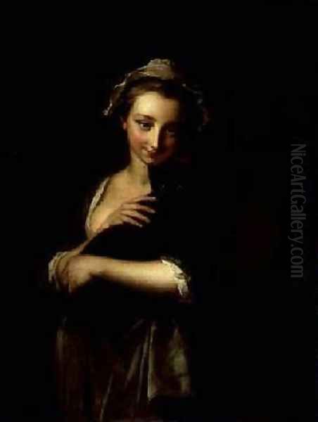 Girl holding a cat Oil Painting by Philipe Mercier