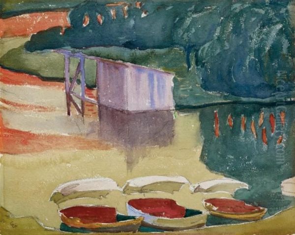 Boote Und Bootshaus Am Silsersee Bei Capolago Oil Painting by Giovanni Giacometti