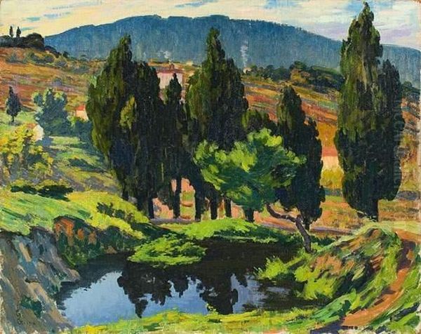 Paysage Vallonne Aux Cypres Et A La Petite Riviere. 1918. Oil Painting by Giovanni Giacometti