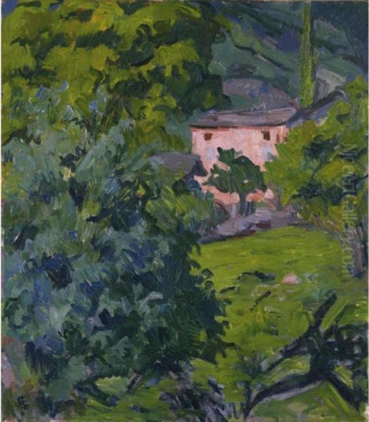 Red House In The Green Landscape Oil Painting by Giovanni Giacometti