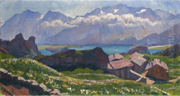 View Over Capolago Towards Lake Sils Oil Painting by Giovanni Giacometti