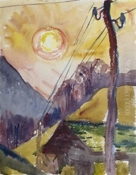 Bergell Landscape With Telephone
 Mast. Watercolour On Paper. Inscribed Verso: Aquarello Originale Di Mio
 Padre / Giovanni Giacometti / Maloja 13.i.1934 / Alberto Giacometti Oil Painting by Giovanni Giacometti