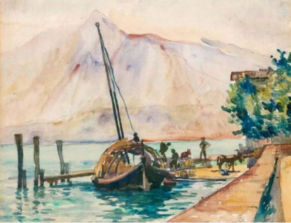 Anlegestelle Mit Barke Und Figurenstaffage (tessin) Oil Painting by Giovanni Giacometti