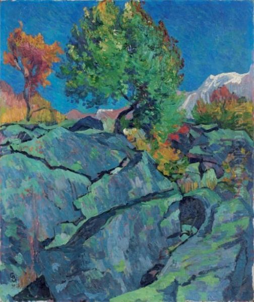 Tremolo - Espe - Paysage De Rochers - Baum Auf Felsen In Maloja Oil Painting by Giovanni Giacometti