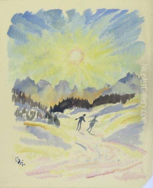 Zwei Skifahrer In Einer Von Der Sonne Beschienenen Schneelandschaft Oil Painting by Giovanni Giacometti