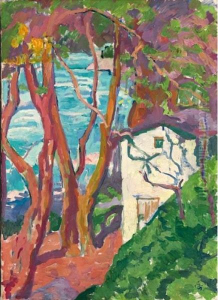 Haus Unter Baumen Am Seeufer, 1917 
House Below Trees At The Lake Shore, 1917 Oil Painting by Giovanni Giacometti