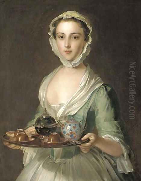 Portrait of a young woman, possibly Hannah, the artist's maid, holding a tea tray Oil Painting by Philipe Mercier