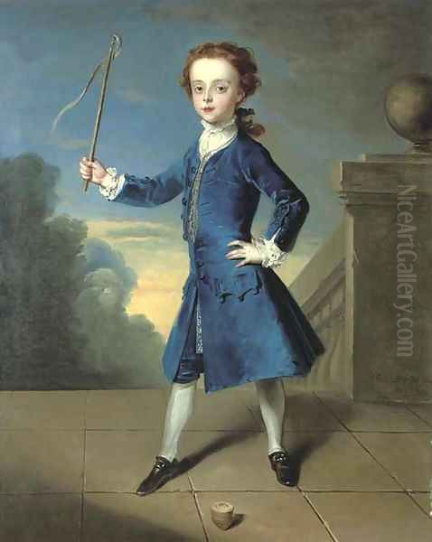 Portrait of a boy, full-length, in a blue coat, with a spinning top on a terrace Oil Painting by Philipe Mercier