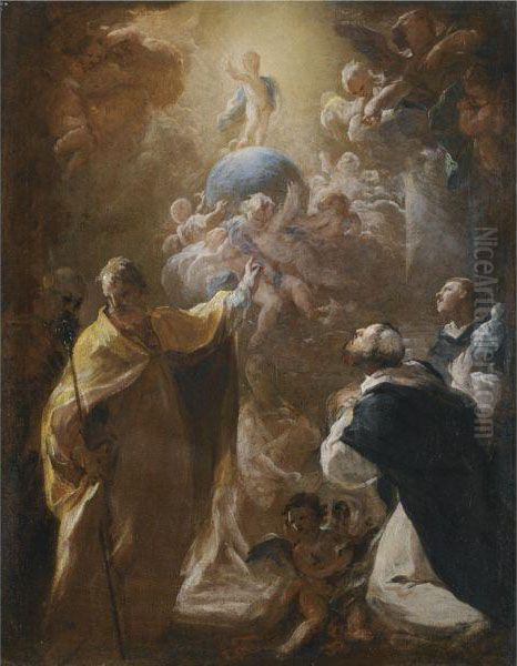 The Infant Christ In Glory With Saints Dominic And Nicholas Oil Painting by Corrado Giaquinto