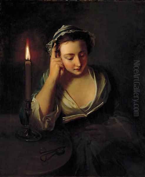 A young girl reading by candlelight Oil Painting by Philipe Mercier