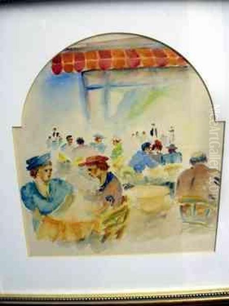 School: Impressionistic Watercolour Figures Seated Outside A Cafe, 25 Cm X 23 Cm, Framed Oil Painting by Corrado Giaquinto