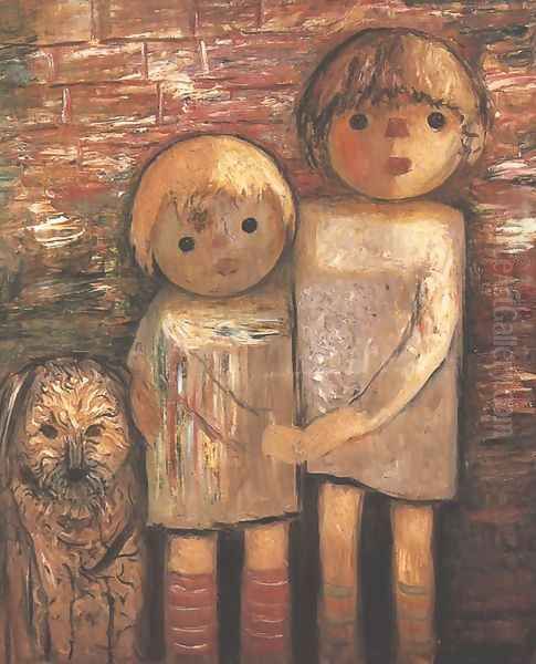 Two Children with a Dog Oil Painting by Tadeusz Makowski