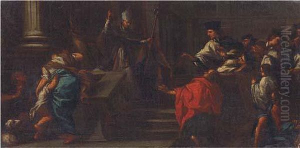 A Bishop Before A Group Of Clerics Oil Painting by Corrado Giaquinto