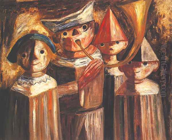 Four Children with a Trumpet Oil Painting by Tadeusz Makowski