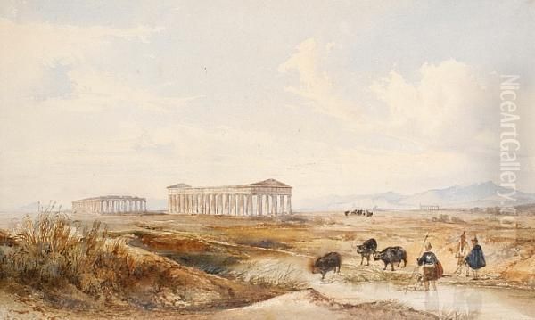 A View Of Paestum, Italy Oil Painting by Giacinto Gigante