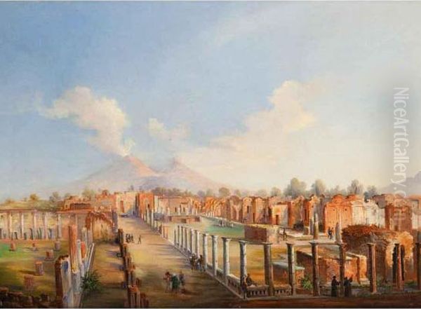 Veduta Degli Scavi Di Pompei Con Il Vesuvio Oil Painting by Giacinto Gigante