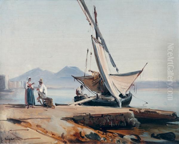 Bateaux Devant Le Vesuve Oil Painting by Giacinto Gigante