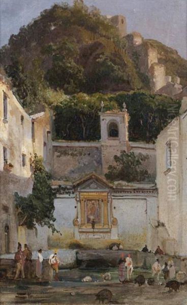 Un Lavoir Dans Un Village Fortifie En Italie Oil Painting by Giacinto Gigante