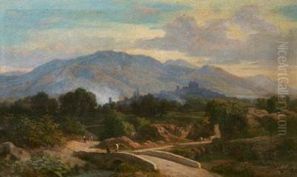 Scorcio Di Vallata Con Paese Oil Painting by Giacinto Gigante