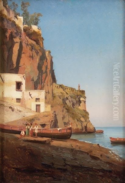 Borgo Amalfitano Con Pescatori Oil Painting by Giacinto Gigante