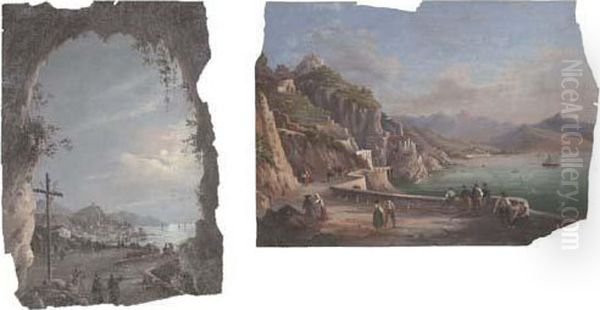 Amalfi Dalla Grotta Dei Cappuccini ; And A Promenade On The Amalfi Coast Oil Painting by Giacinto Gigante