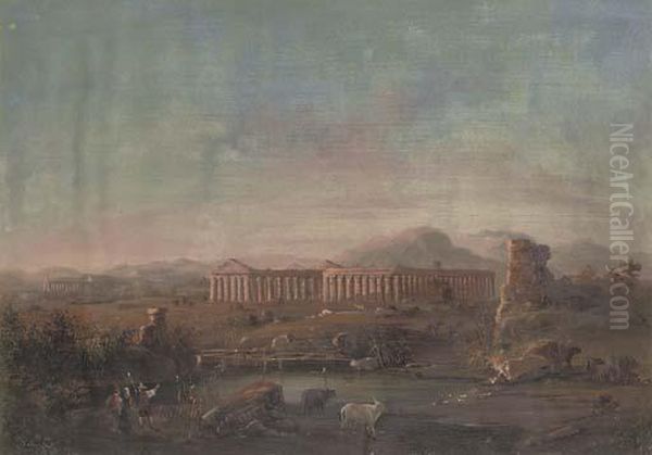 Herdsmen Before Paestum At Dusk Oil Painting by Giacinto Gigante