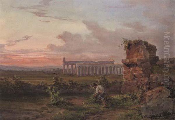 A Peasant Before Paestum At Dusk Oil Painting by Giacinto Gigante