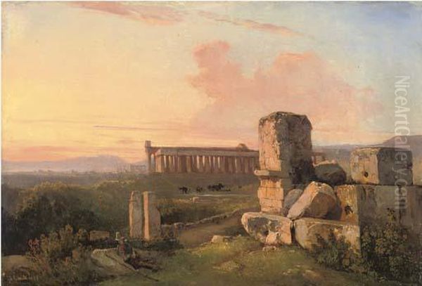 Ruins At Paestum Oil Painting by Giacinto Gigante