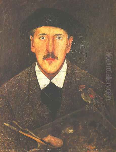 Self-Portrait with a Palette and a Bird Oil Painting by Tadeusz Makowski