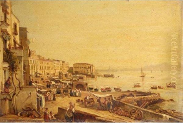 Naples, A View Of The Harbour With Vesuvius Beyond Oil Painting by Giacinto Gigante