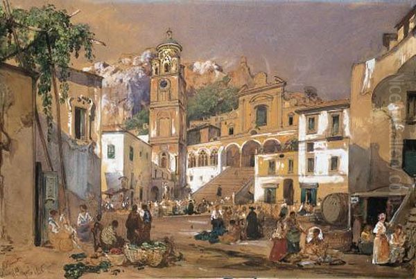 La Piazza Di Amalfi Oil Painting by Giacinto Gigante