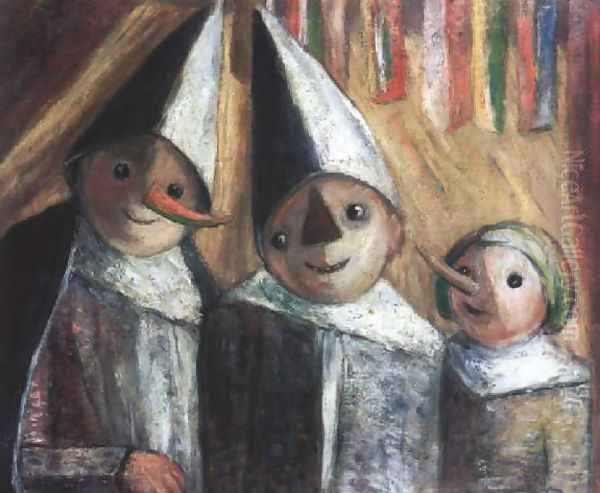 Three Children Under the Flags (Trois enfants sous les petits drapeaux) Oil Painting by Tadeusz Makowski