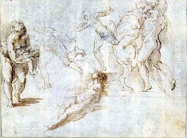 Figure Studies Woman Holding a Baby; Man Pursued by Another; Nude Woman Lying on Ground; Hercules and the Nemean Lion Oil Painting by Girolamo Francesco Maria Mazzola (Parmigianino)