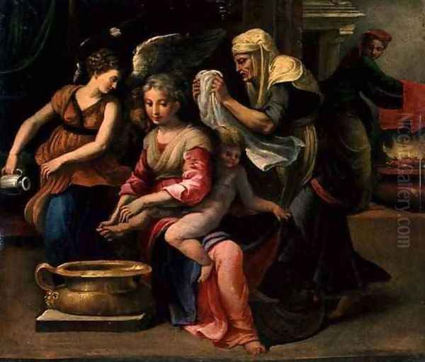 Bathing of a Baby Oil Painting by Girolamo Francesco Maria Mazzola (Parmigianino)