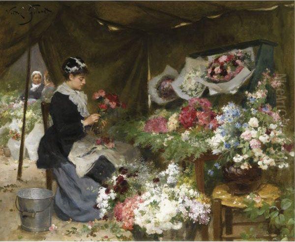 A Flower Seller Making Her Bouquets Oil Painting by Victor-Gabriel Gilbert