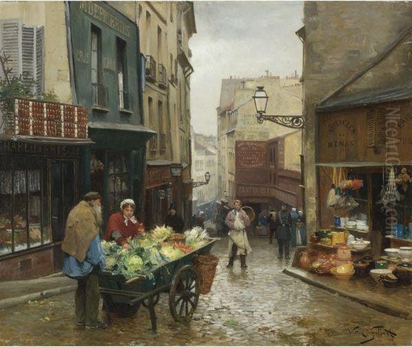 Market On The Rue Mouffetard, Paris Oil Painting by Victor-Gabriel Gilbert