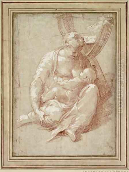 Virgin Seated on the Ground, Nursing the Child Oil Painting by Girolamo Francesco Maria Mazzola (Parmigianino)