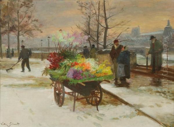 Marchande De Fleurs Sur Le Pont Des Arts Oil Painting by Victor-Gabriel Gilbert