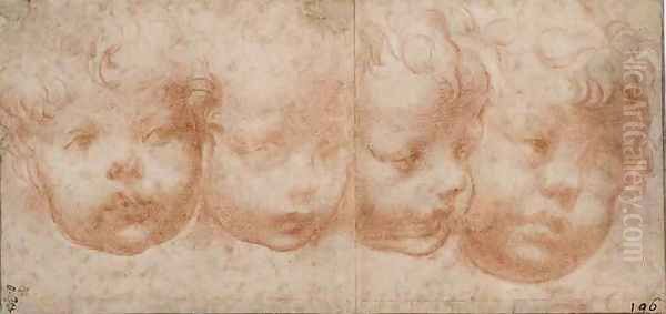 Study of Four Childrens Heads, c.1522-23 Oil Painting by Girolamo Francesco Maria Mazzola (Parmigianino)