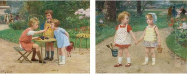 The Children's Tea Party And Children With Buckets: Two Works Oil Painting by Victor-Gabriel Gilbert