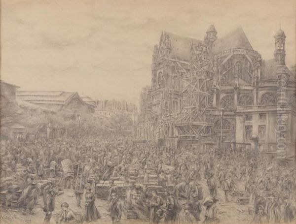 Marche Anime Devant L'eglise St Eustache A Paris Oil Painting by Victor-Gabriel Gilbert