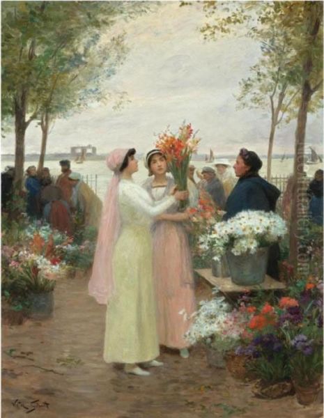 Elegantes Au Marche Des Fleurs Oil Painting by Victor-Gabriel Gilbert