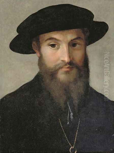 Portrait of a bearded man, bust-length, in a black hat, wearing a gold chain with a ring Oil Painting by Girolamo Francesco Maria Mazzola (Parmigianino)